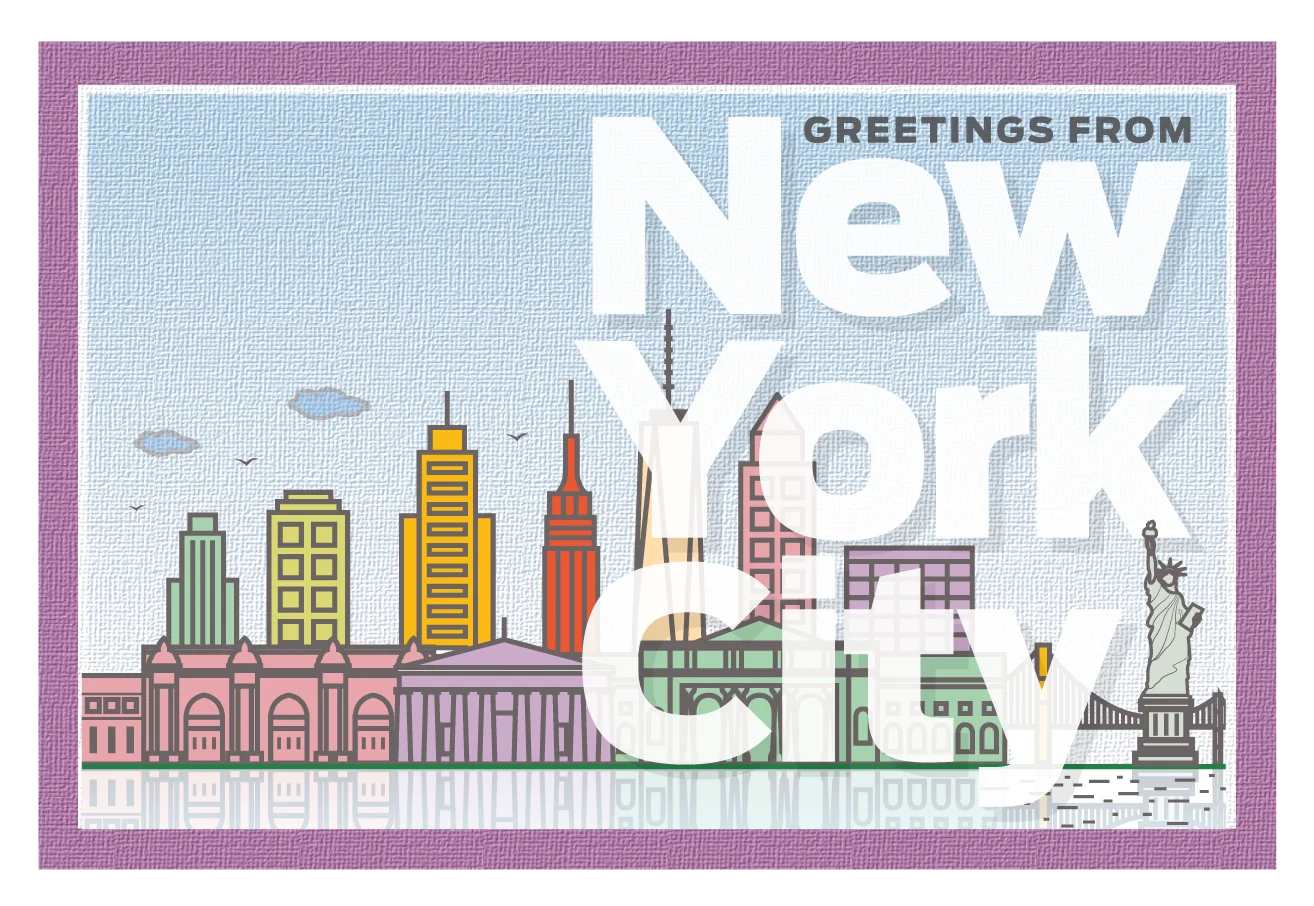 Charming New York City Landmarks Postcard-Style Clipart Illustration