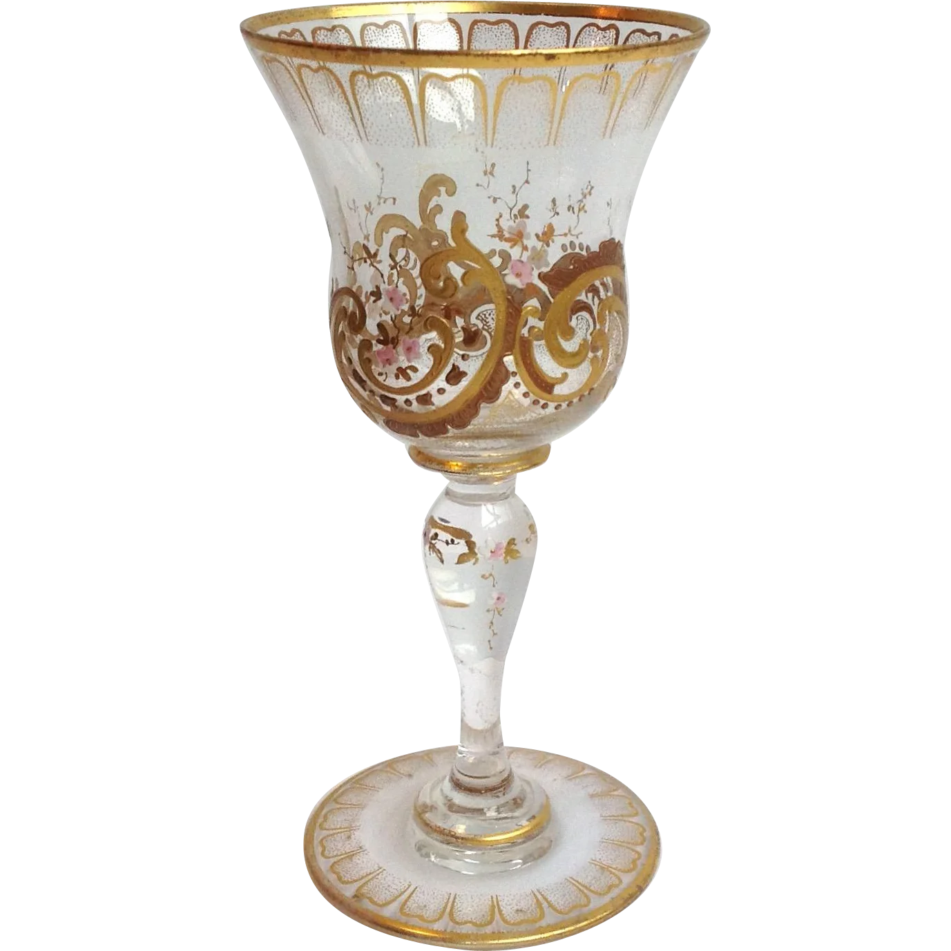 Elegant Vintage Crystal Goblet with Intricate Gold Filigree Clipart Design