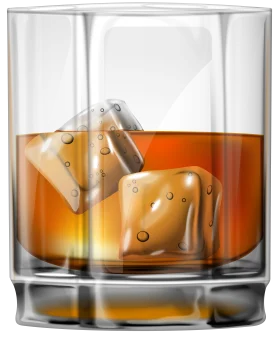 Elegant Whiskey Glass Clipart with Ice Cubes and Rich Amber Liquid