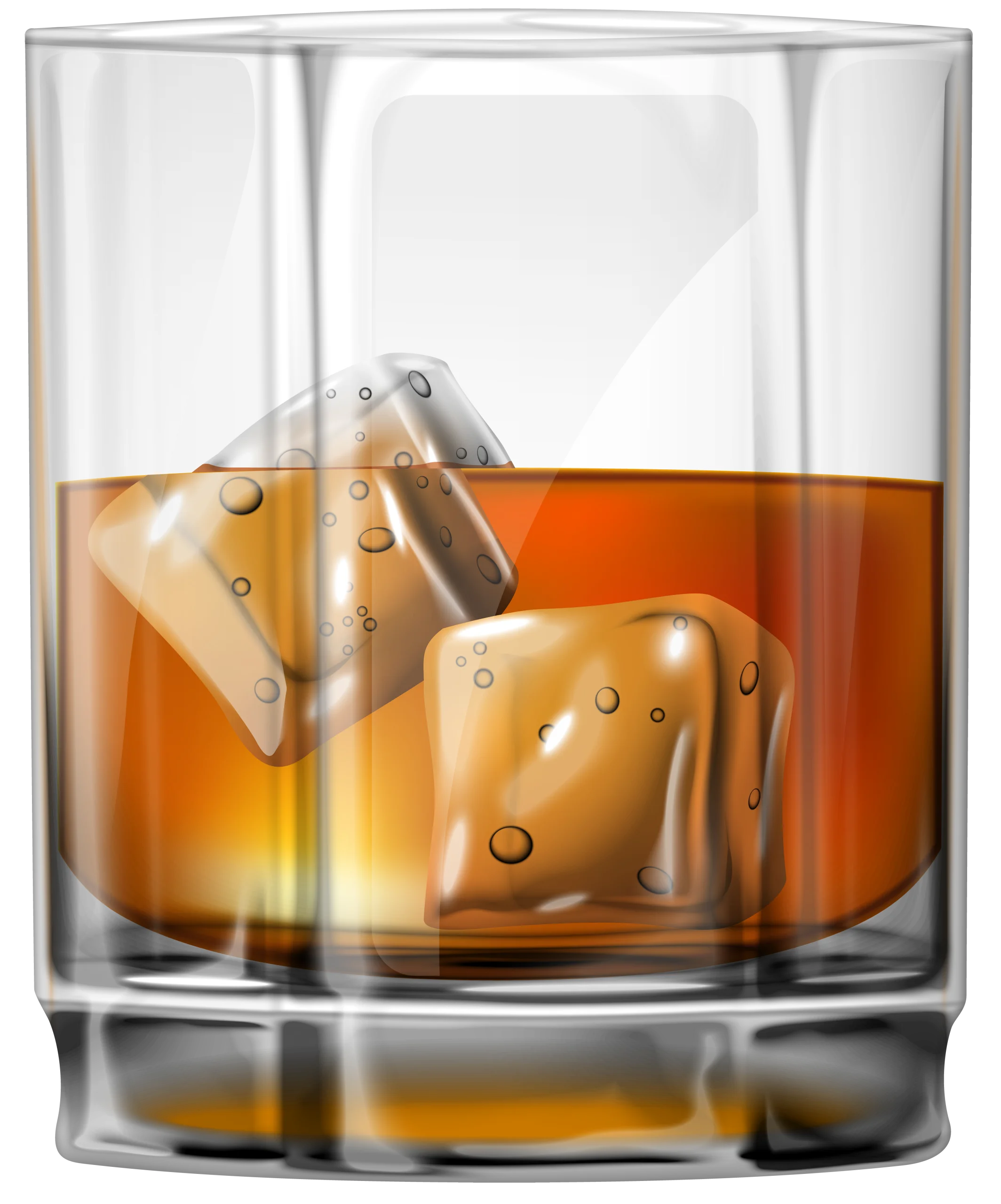 Elegant Whiskey Glass Clipart with Ice Cubes and Rich Amber Liquid