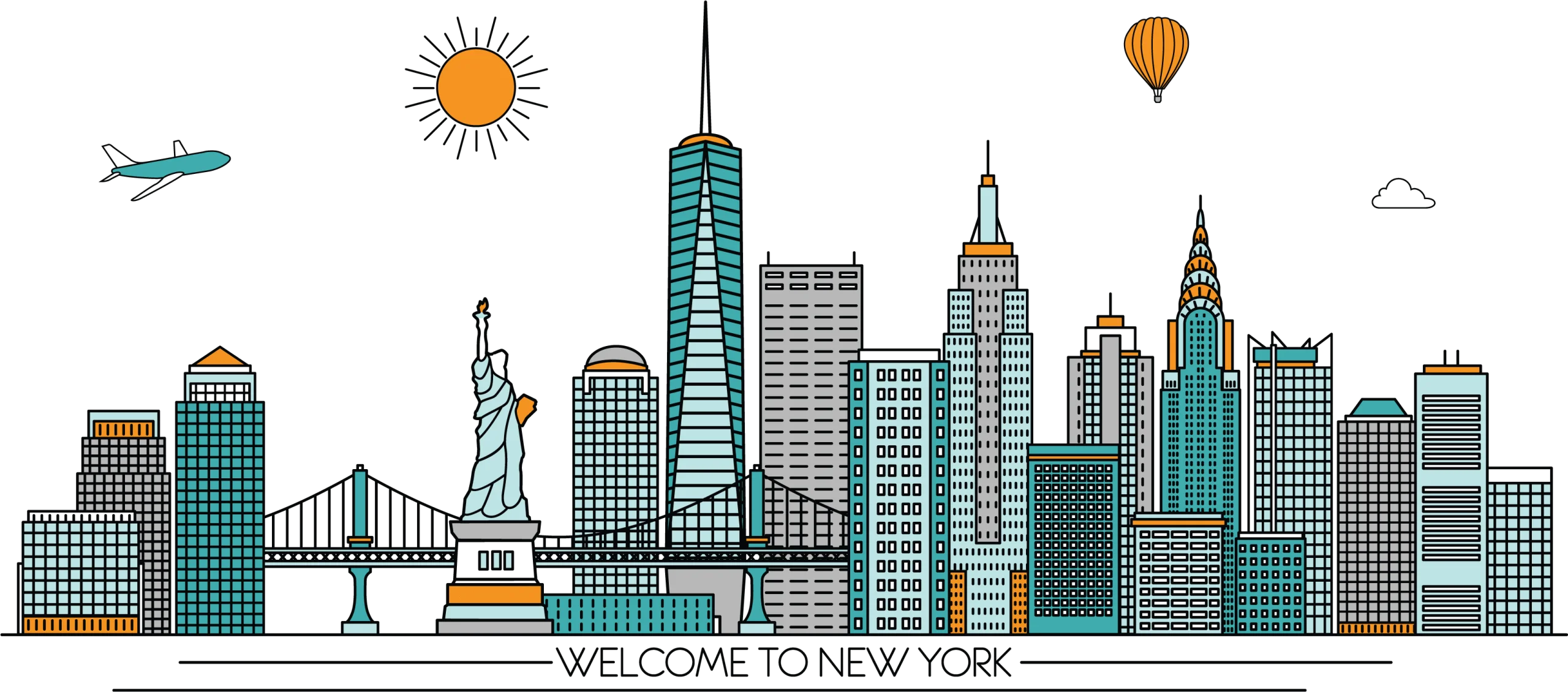 Iconic New York City Skyline Illustration: A Detailed Architectural Clipart Panorama