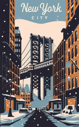 Manhattan Bridge Winter Scene New York City Retro Vintage Clipart Poster Design