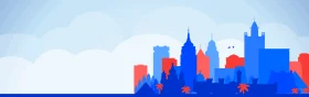 New York City Skyline Silhouette Clipart: Urban Landscape in Bold Blue and Red Hues