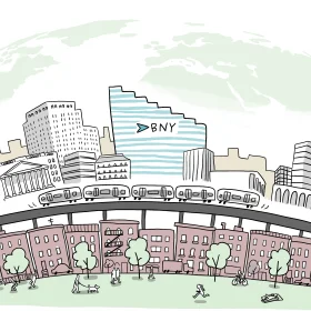 New York City Urban Landscape Sketch with Subway and Architectural Clipart Illustration