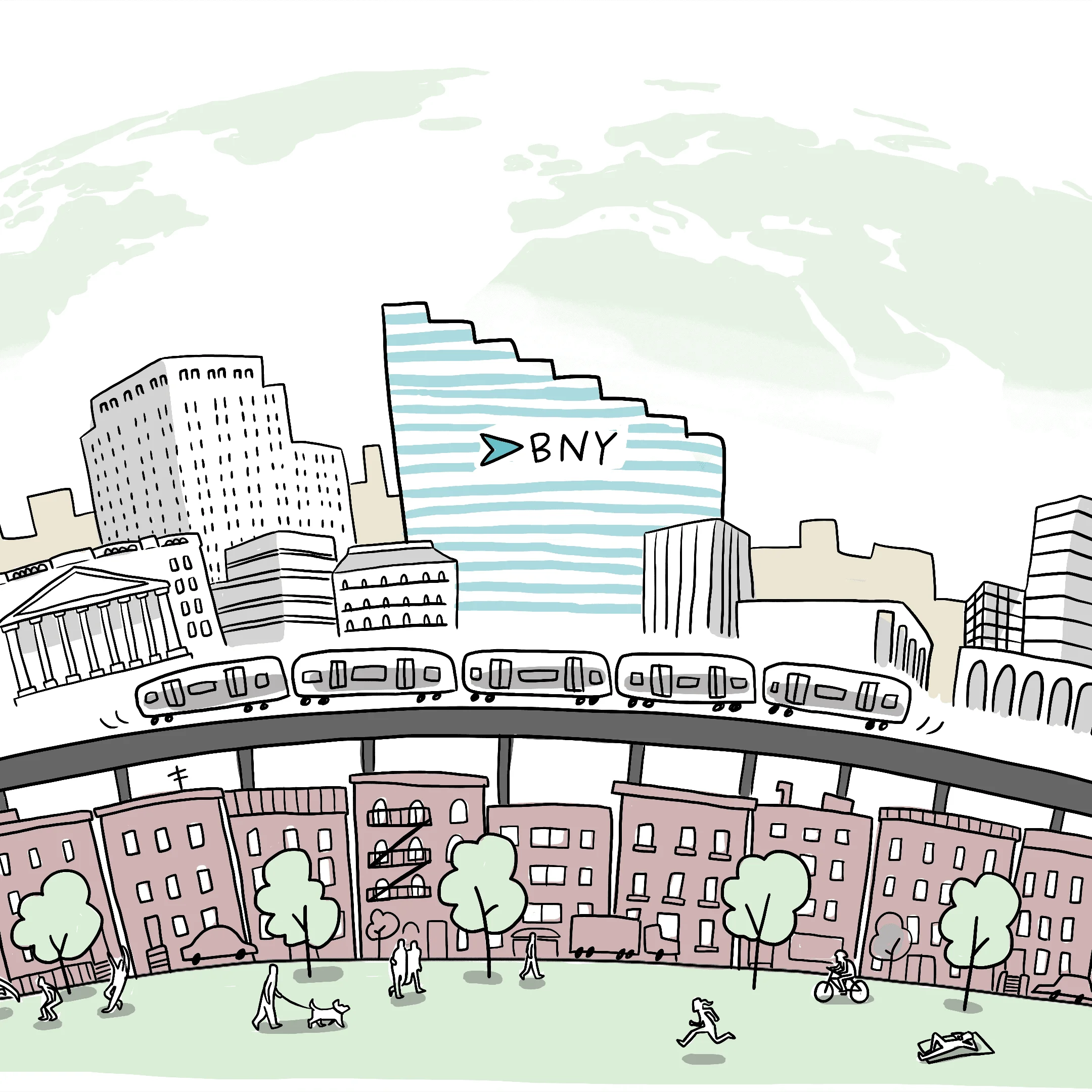 New York City Urban Landscape Sketch with Subway and Architectural Clipart Illustration