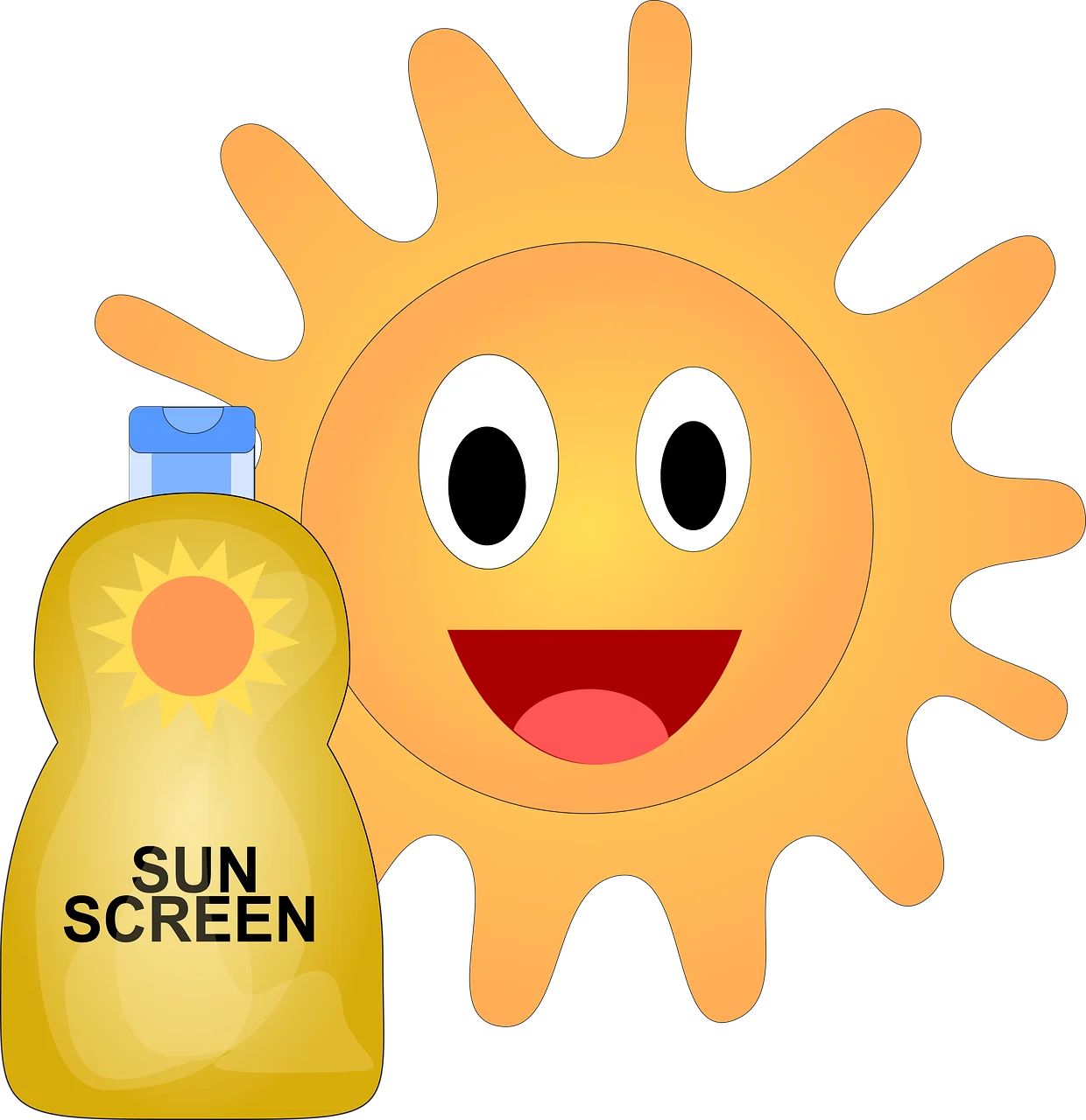 Cheerful Sun Character Holding Sunscreen Bottle Cartoon Clipart Illustration