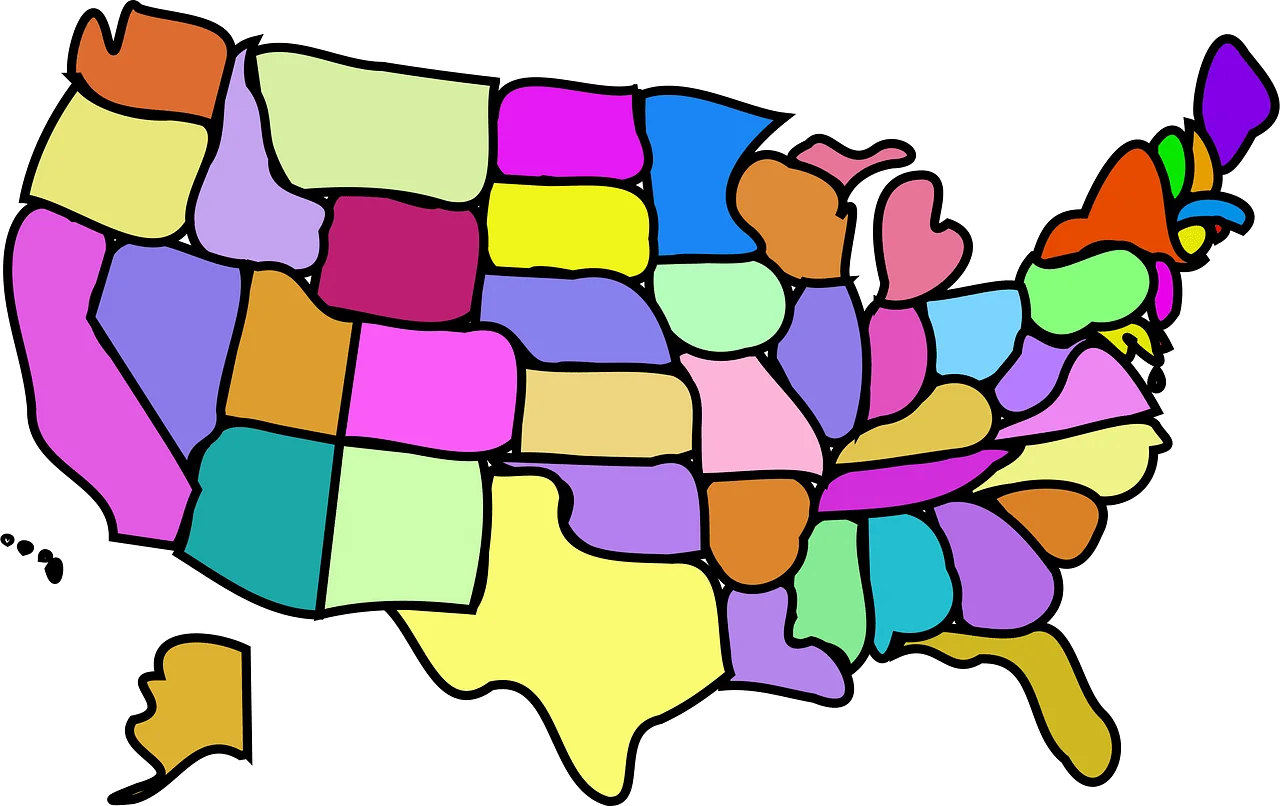 Colorful United States Geographical Regions Simplified Clipart Map Design