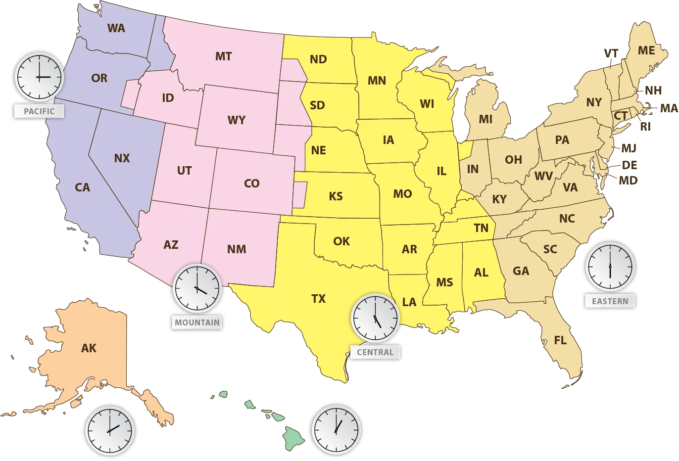 Comprehensive United States Time Zone Regions Clipart Map Illustration