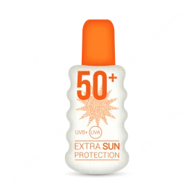 Extra Sun Protection SPF 50+ Sunscreen Spray Clipart Design with Radiant Orange Accents