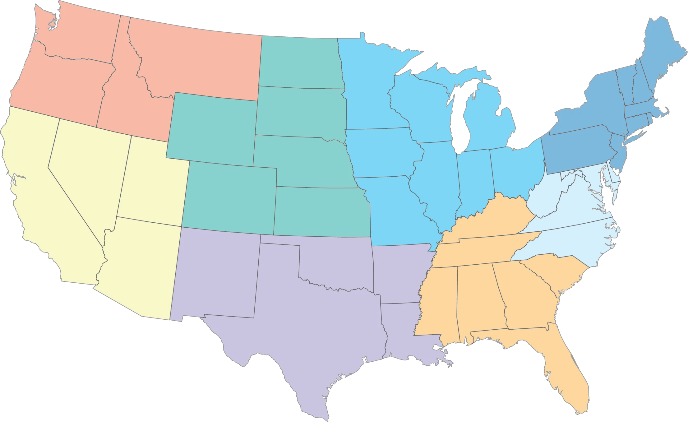 Pastel-Toned United States Regional Map Clipart with Color-Coded Regions