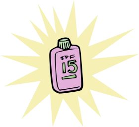 Playful Pink Sunscreen Bottle Clipart with Radiant Yellow Sunburst Background