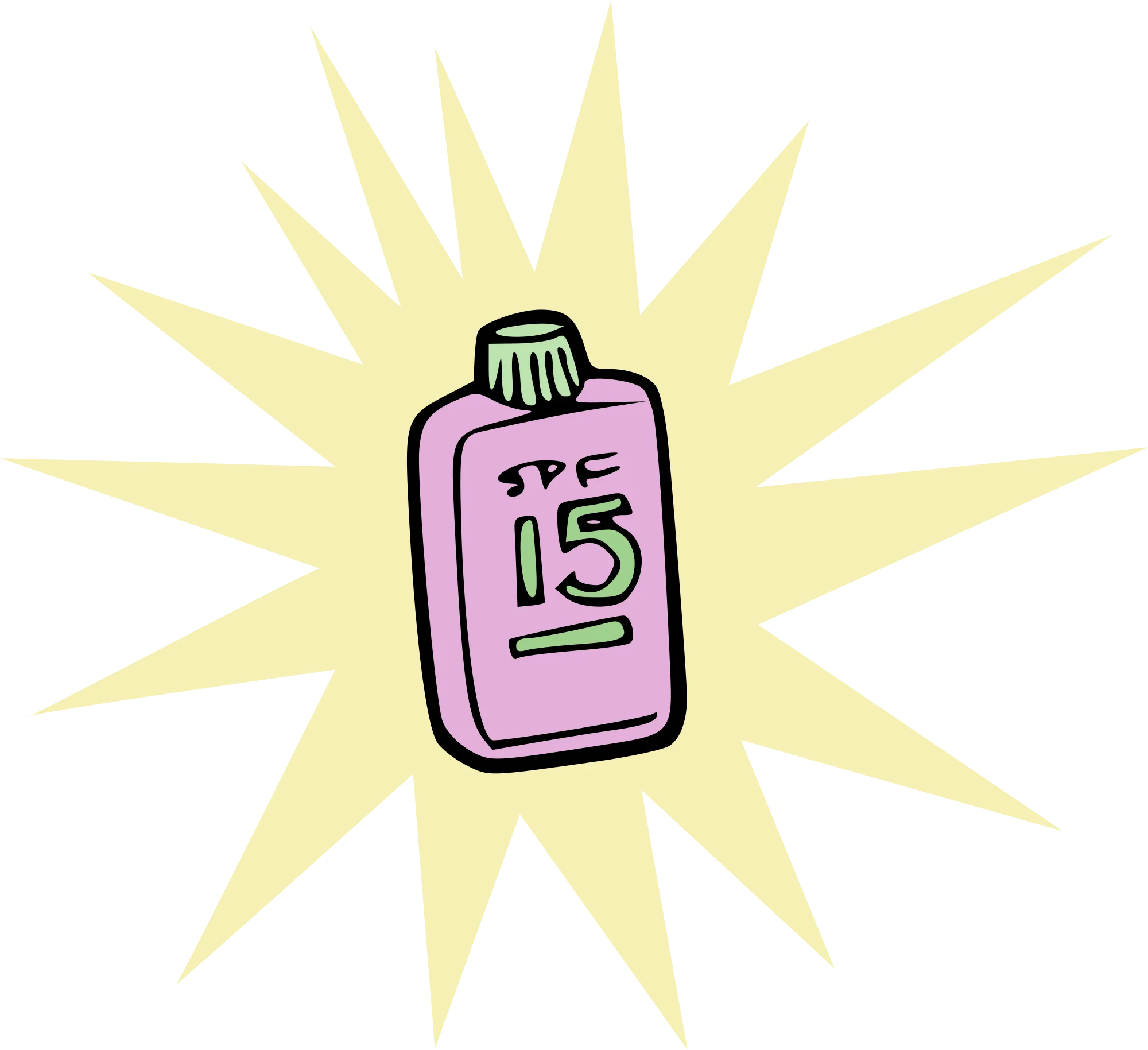 Playful Pink Sunscreen Bottle Clipart with Radiant Yellow Sunburst Background