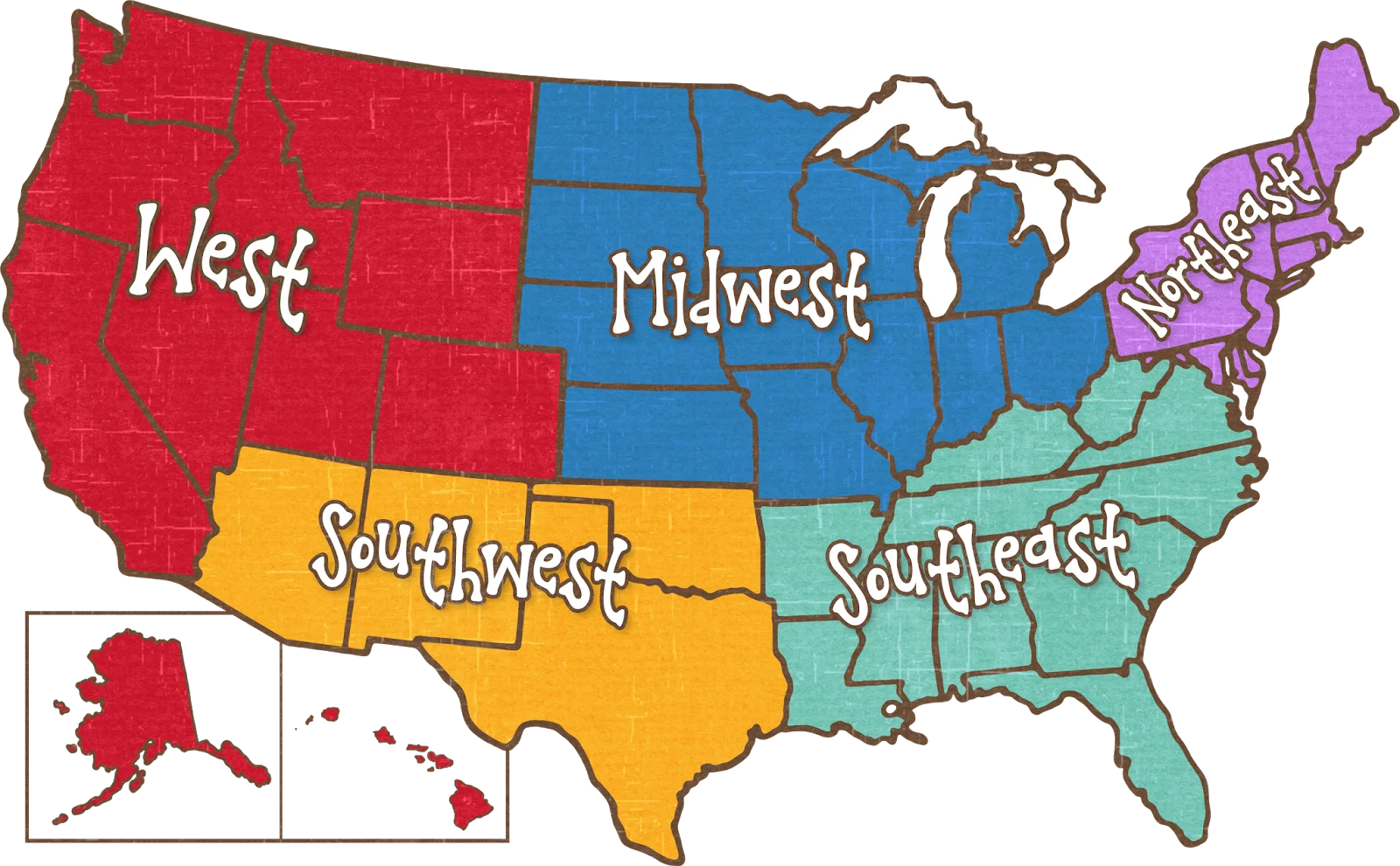 United States Regional Map Clipart with Color-Coded Geographic Zones