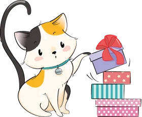 Adorable Calico Kitten with Christmas Gift Boxes Festive Cartoon Clipart