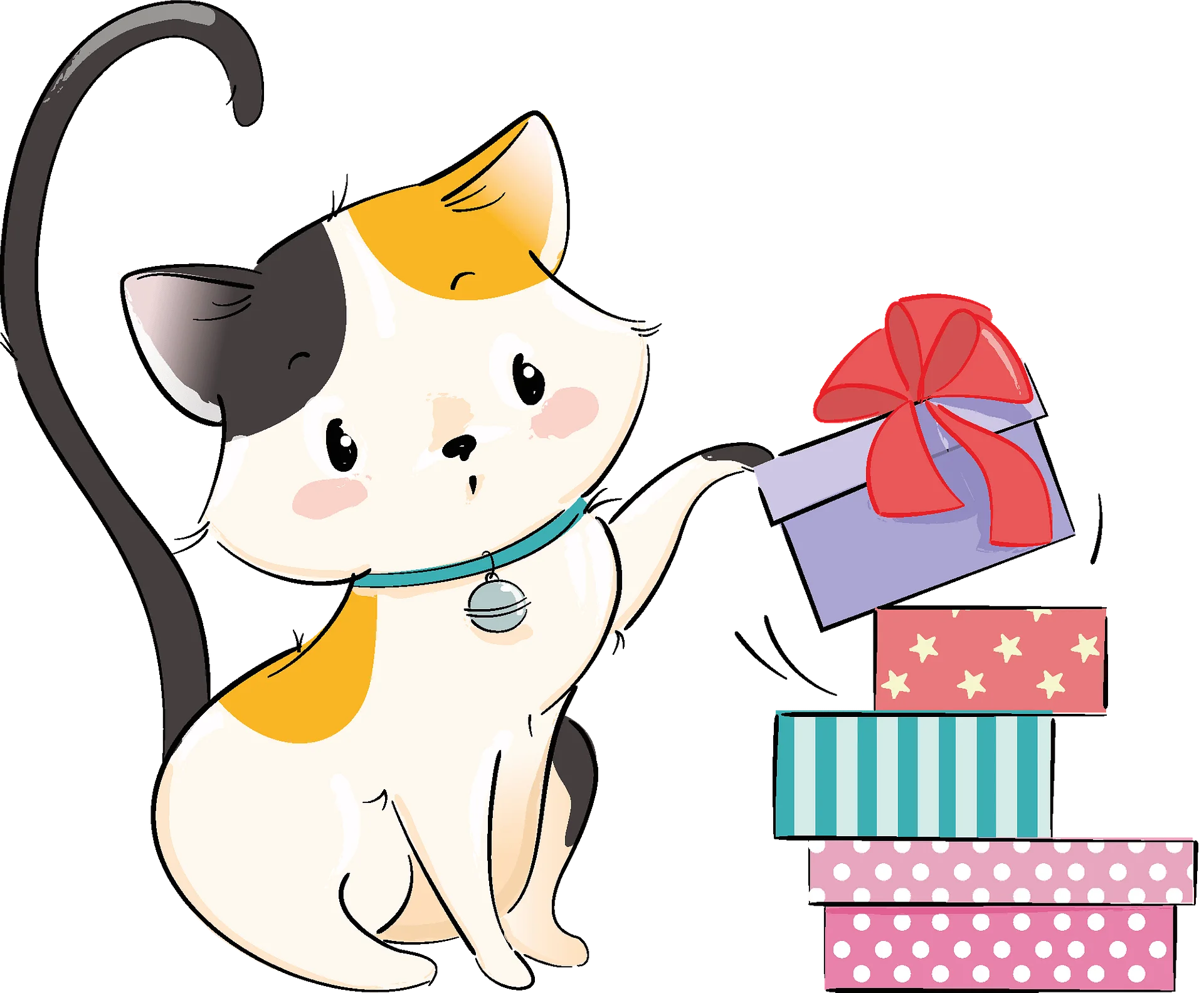 Adorable Calico Kitten with Christmas Gift Boxes Festive Cartoon Clipart