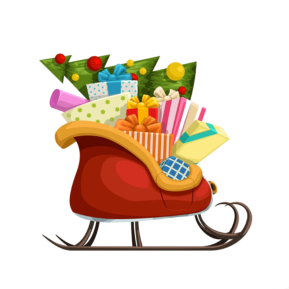 Festive Christmas Santa Sleigh Overflowing with Colorful Gift Clipart Design