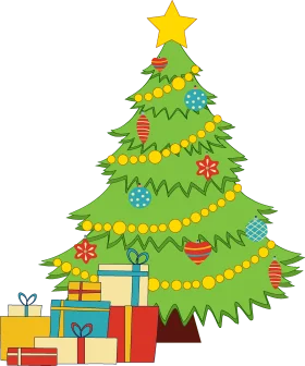 Festive Christmas Tree Clipart with Colorful Wrapped Presents and Ornaments
