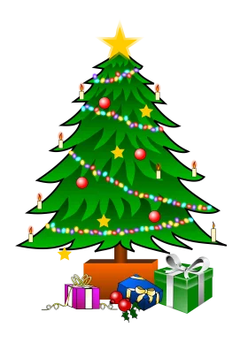 Festive Christmas Tree Decorated with Lights and Ornaments Clipart Scene with Colorful Wrapped Gifts