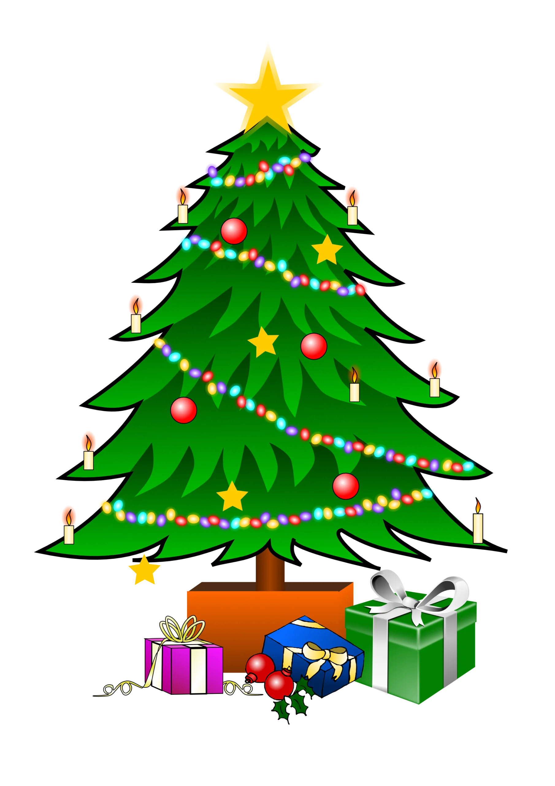 Festive Christmas Tree Decorated with Lights and Ornaments Clipart Scene with Colorful Wrapped Gifts