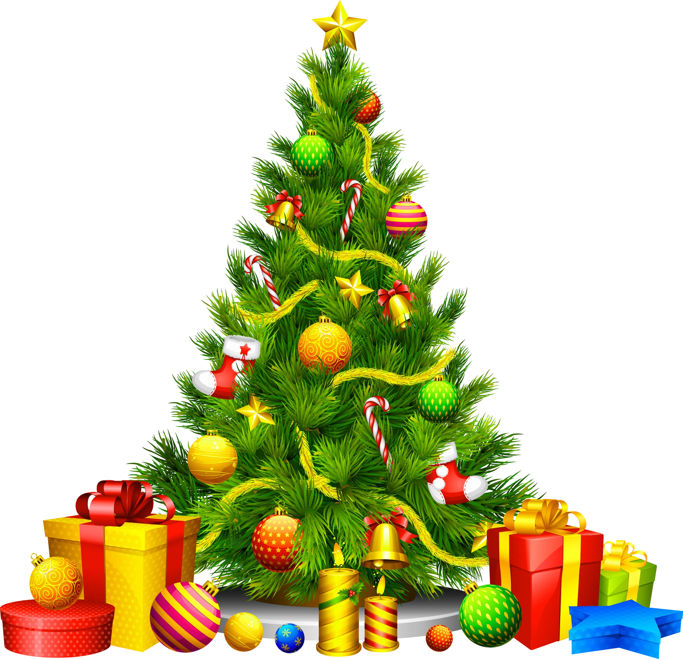 Festive Christmas Tree with Colorful Wrapped Presents Clipart Illustration