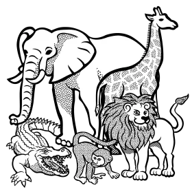 Black and White Safari Wildlife Clipart Featuring Iconic African Animals