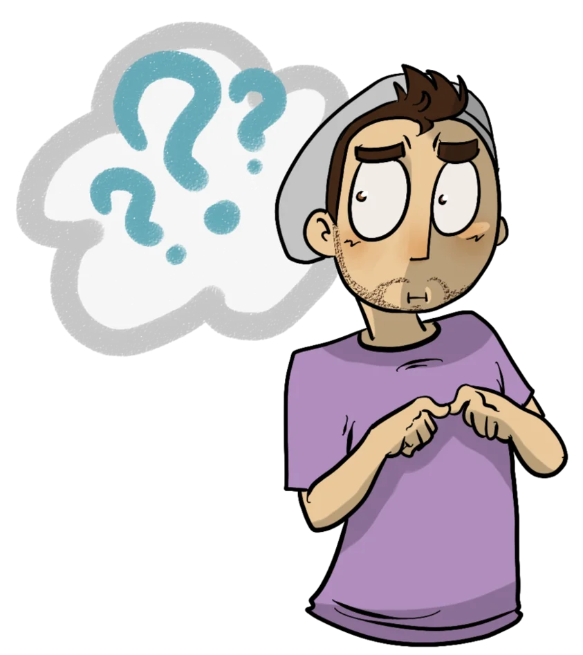 Perplexed Character with Floating Question Marks in Quirky Cartoon Clipart Style