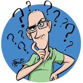 Perplexed Thinker Surrounded by Floating Question Marks Cartoon Clipart Illustration