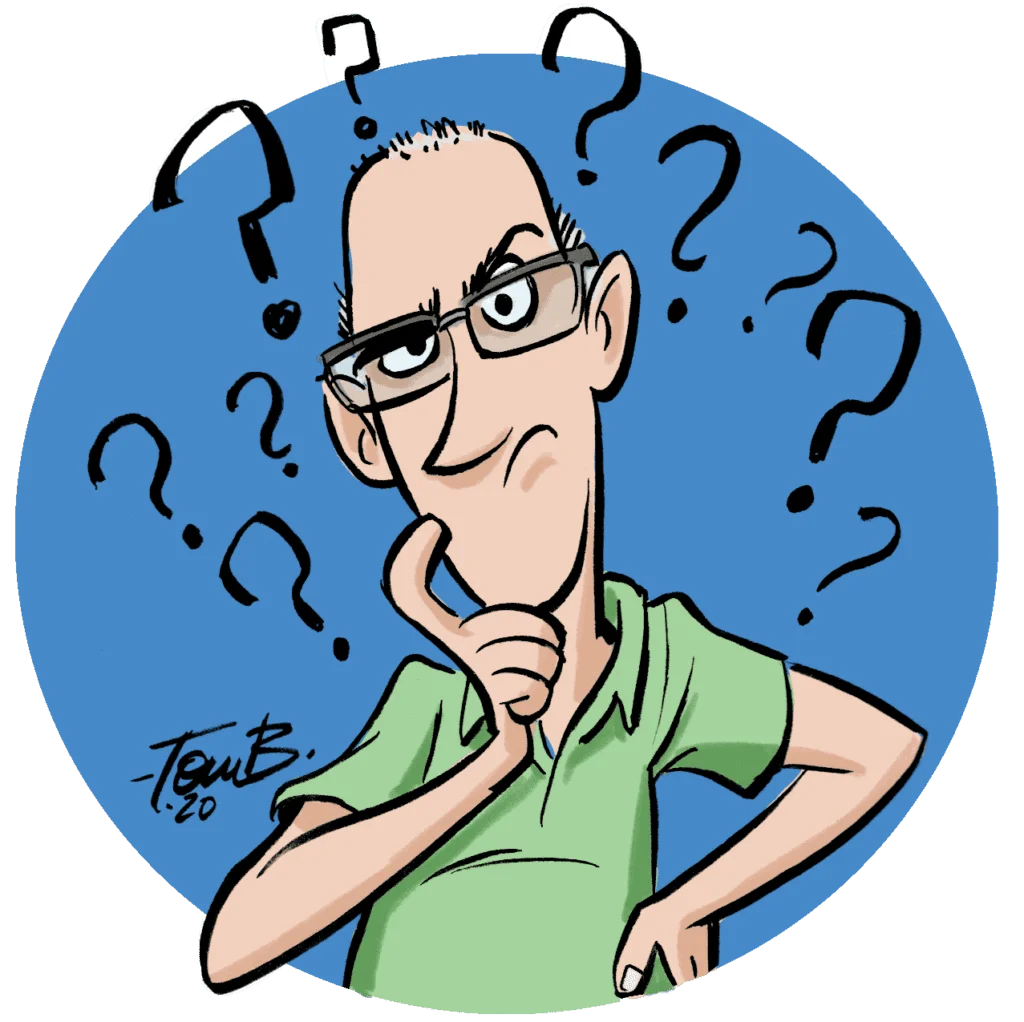 Perplexed Thinker Surrounded by Floating Question Marks Cartoon Clipart Illustration