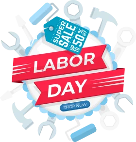Labor Day Super Sale Promotional Clipart Design with Wrenches and Ribbons