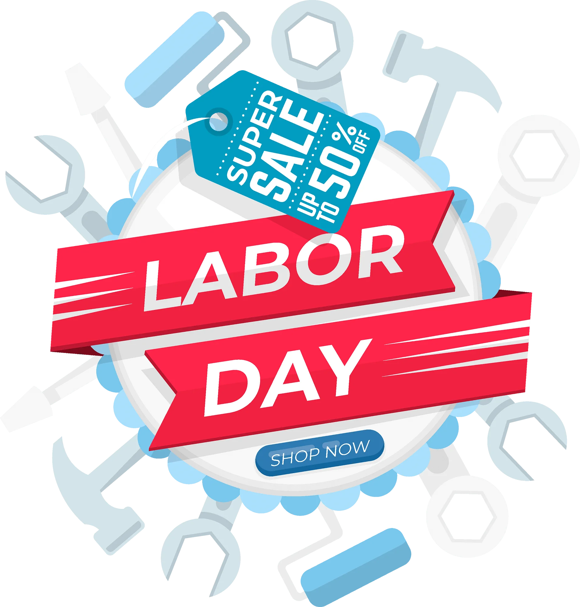 Labor Day Super Sale Promotional Clipart Design with Wrenches and Ribbons