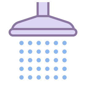 Minimalist Purple Shower Head Clipart with Cascading Blue Water Droplets