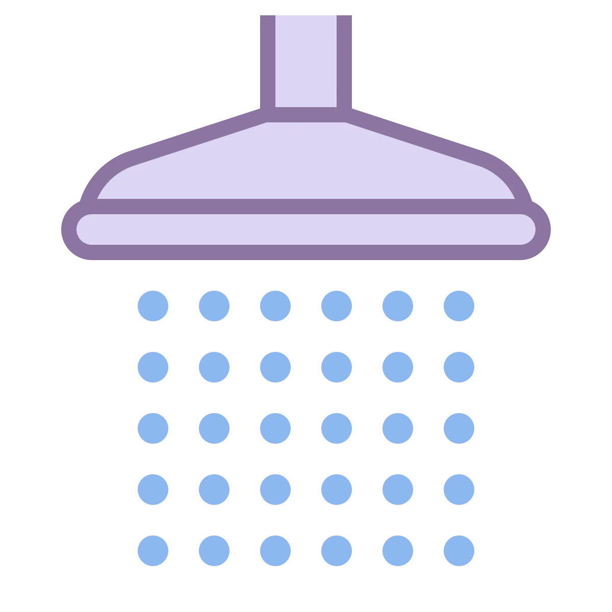 Minimalist Purple Shower Head Clipart with Cascading Blue Water Droplets