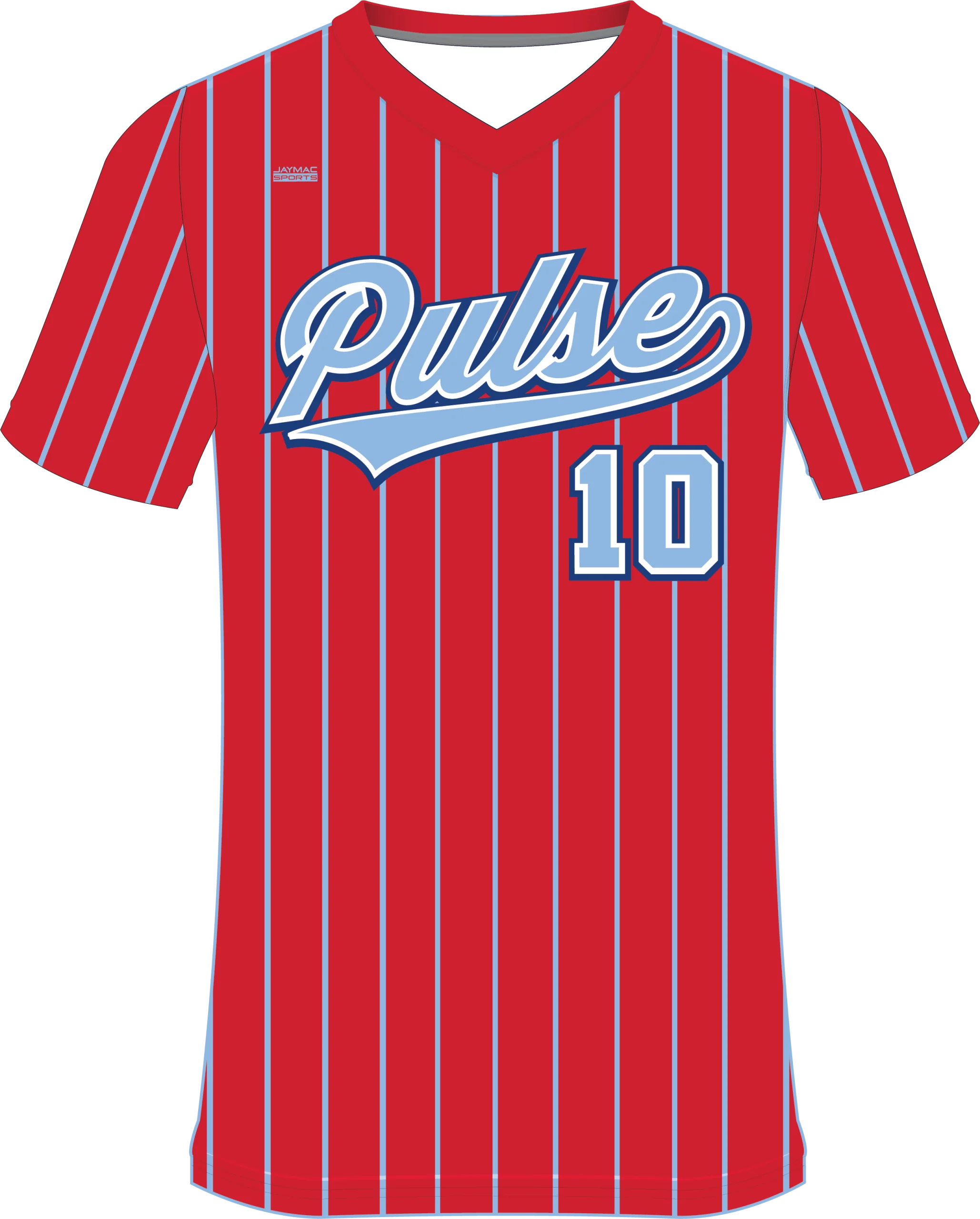 Red Pinstriped Baseball Jersey Clipart with 'Pulse' Team Name and Number 10