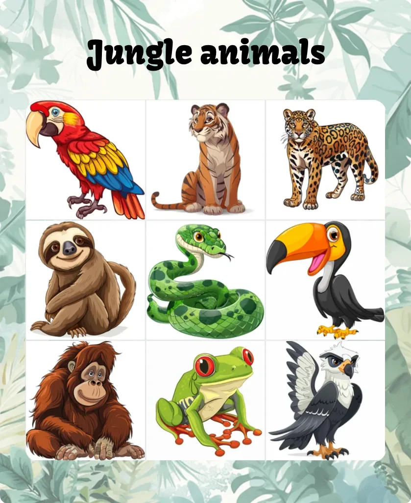 Enchanting Jungle Animals Clipart Collection: A Colorful Wildlife Illustration