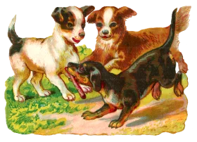 Playful Vintage Puppies Frolicking in a Lush Green Meadow Clipart Illustration