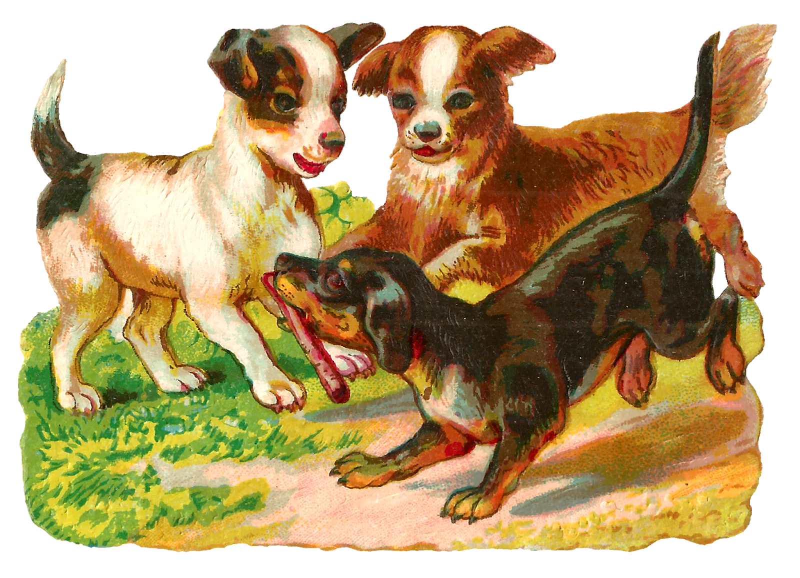 Playful Vintage Puppies Frolicking in a Lush Green Meadow Clipart Illustration