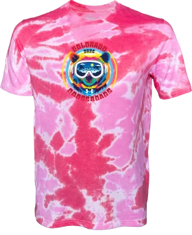 Radical Pink Tie-Dye Surf Club Clipart T-Shirt Design with Retro Ski Goggle Emblem