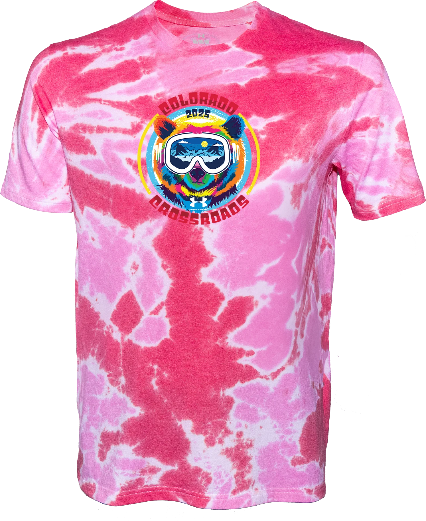 Radical Pink Tie-Dye Surf Club Clipart T-Shirt Design with Retro Ski Goggle Emblem