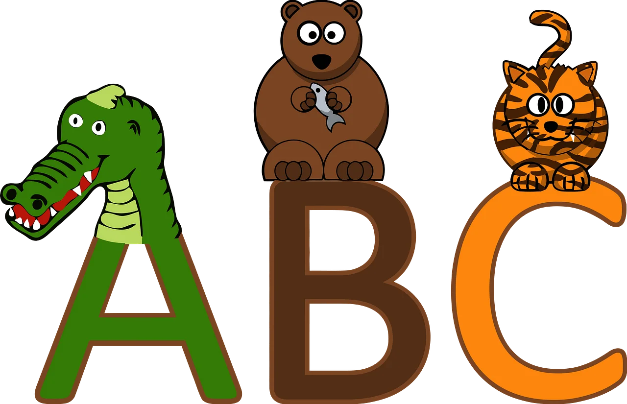 Whimsical Animal Alphabet Clipart: A, B, and C with Cute Cartoon Characters