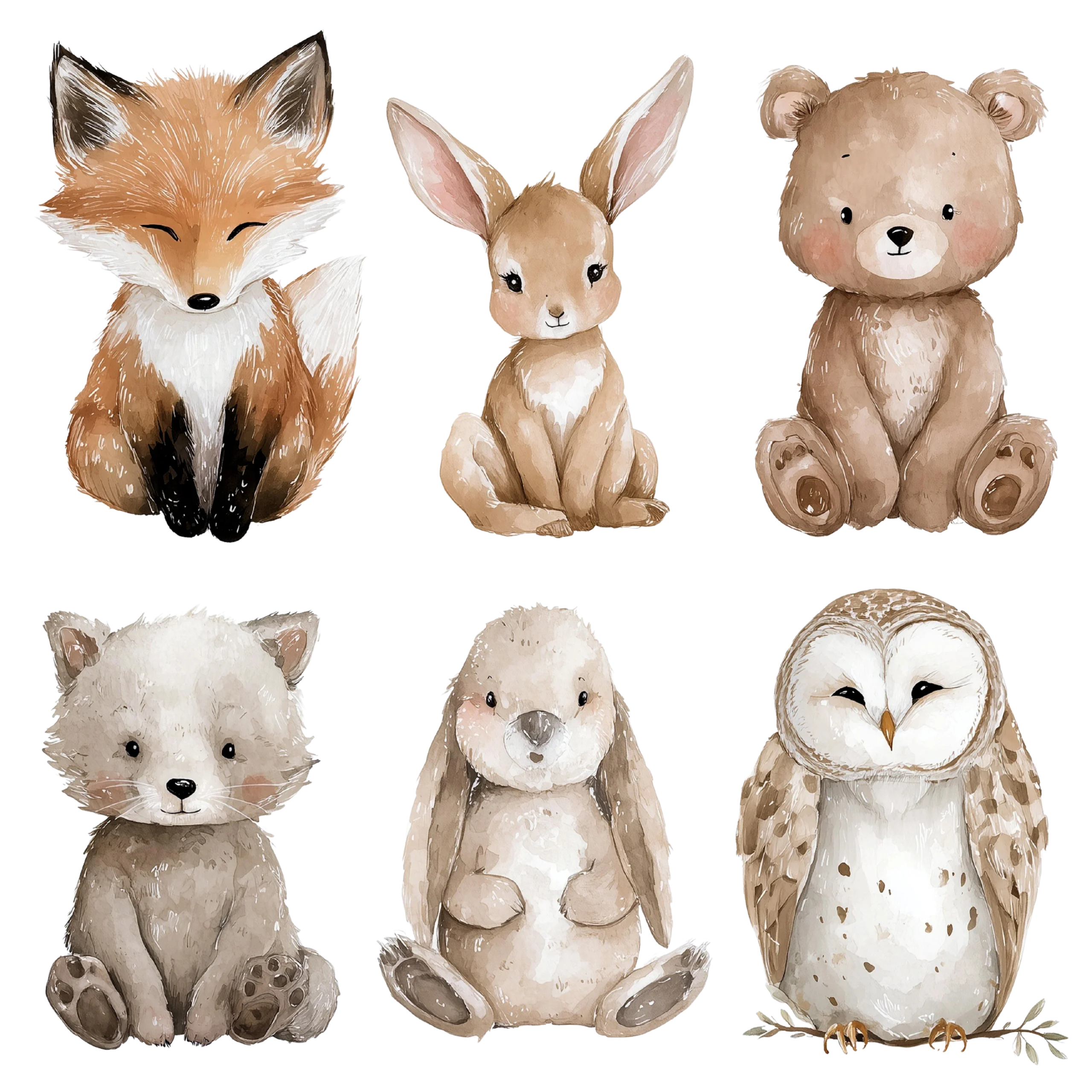Whimsical Woodland Creatures Soft Watercolor Clipart Collection