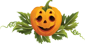 Cheerful Jack-O'-Lantern Pumpkin Halloween Clipart with Festive Green Leaves