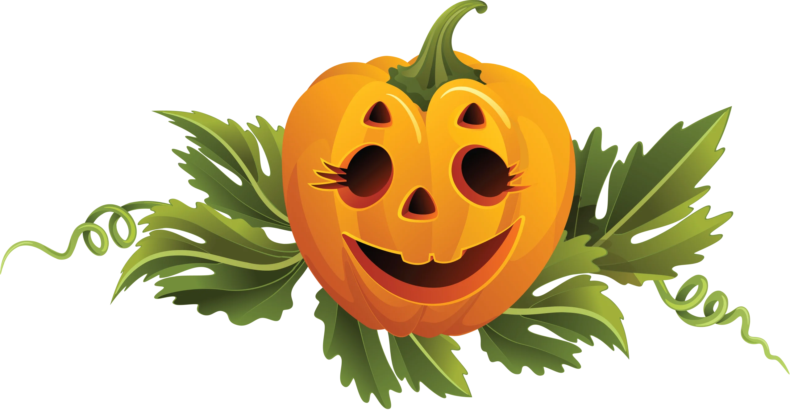 Cheerful Jack-O'-Lantern Pumpkin Halloween Clipart with Festive Green Leaves
