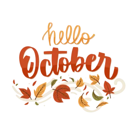 Hello October Autumn Leaves Seasonal Greeting Hand-Drawn Clipart Design
