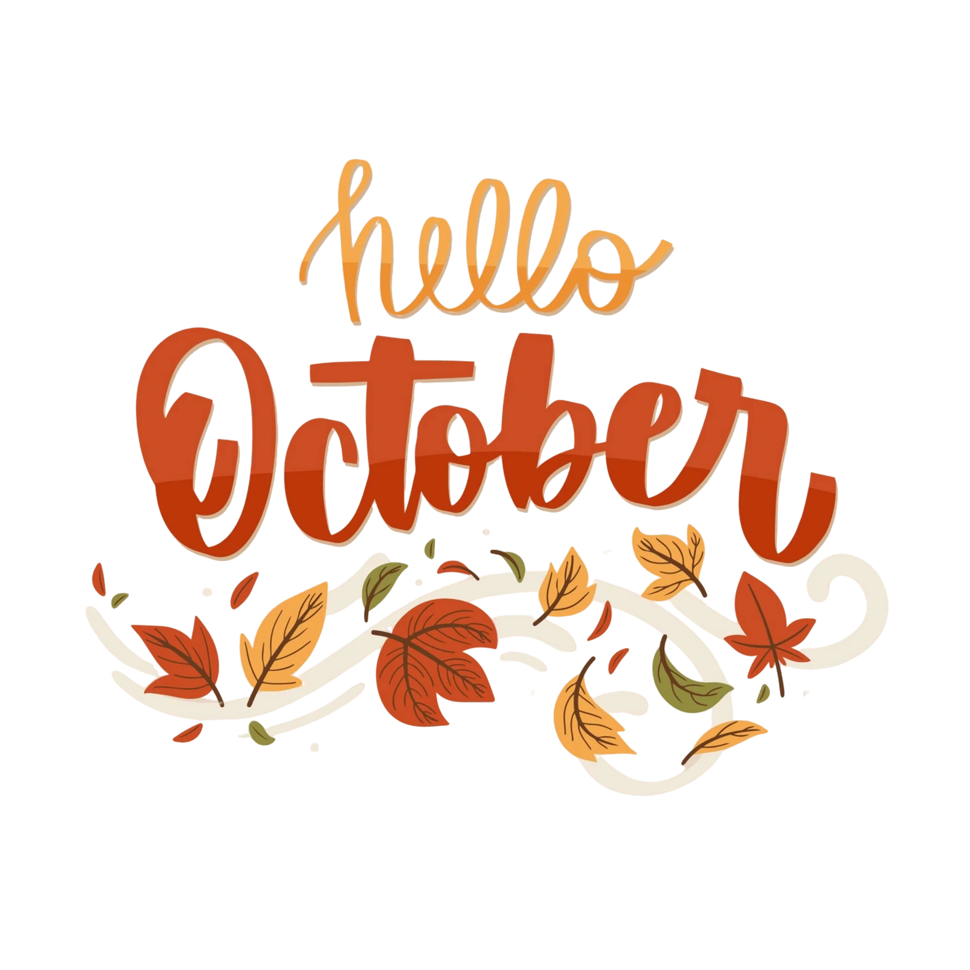 Hello October Autumn Leaves Seasonal Greeting Hand-Drawn Clipart Design