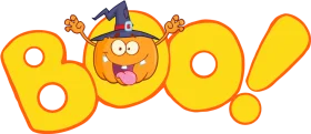 Playful Halloween BOO! Clipart with Cheerful Cartoon Pumpkin Character Wearing Witch Hat