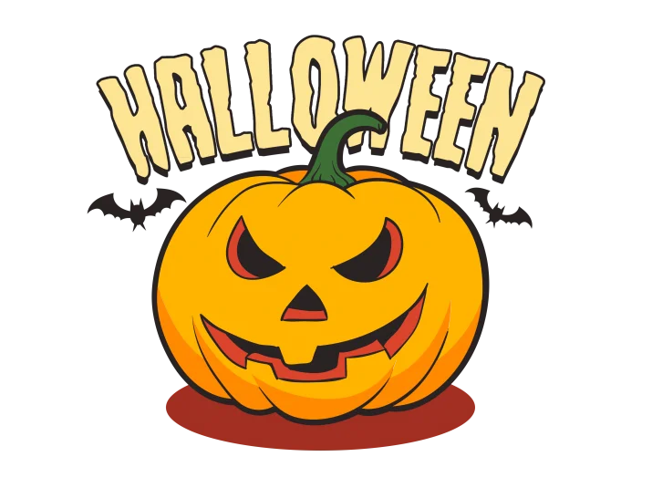 Spooky Jack-o'-Lantern Halloween Clipart with Menacing Grin and Bat Silhouettes