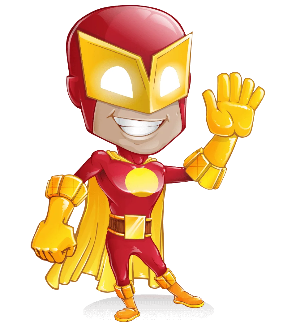 Chibi Superhero Clipart: Cheerful Caped Champion in Red and Yellow Costume