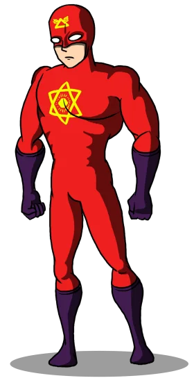 Crimson Crusader: Muscular Superhero Clipart with Symbolic Emblem and Heroic Stance