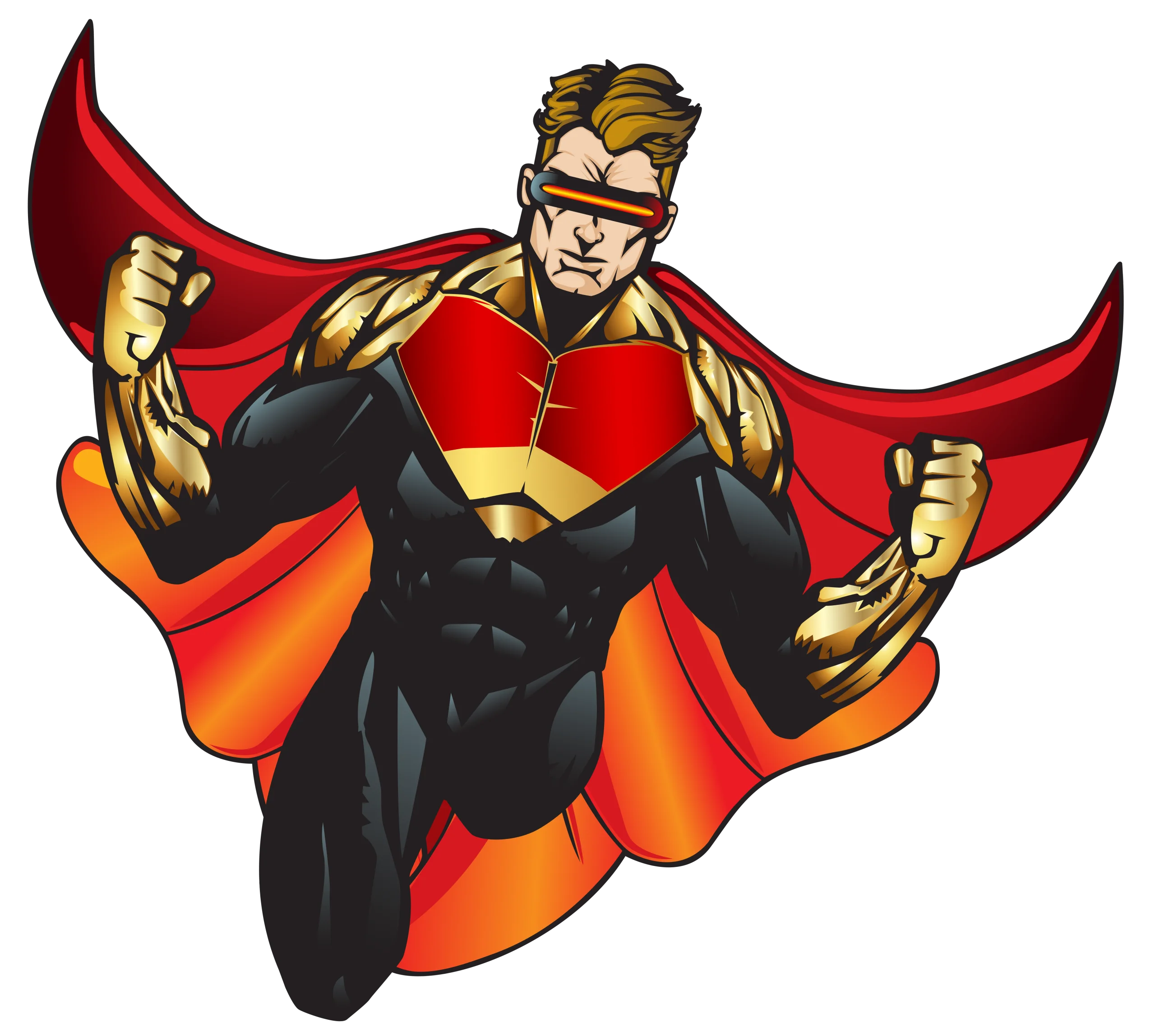 Dynamic Superhero Clipart with Bold Red Cape and Muscular Heroic Pose