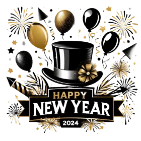 Elegant New Year 2024 Celebration Clipart with Classic Festive Elements
